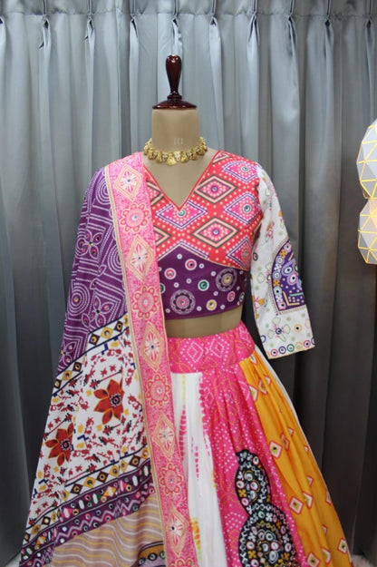 Pink Yellow Soft Butter Silk Fancy Digital Print Work and Real Mirror Work Navratri Lehenga