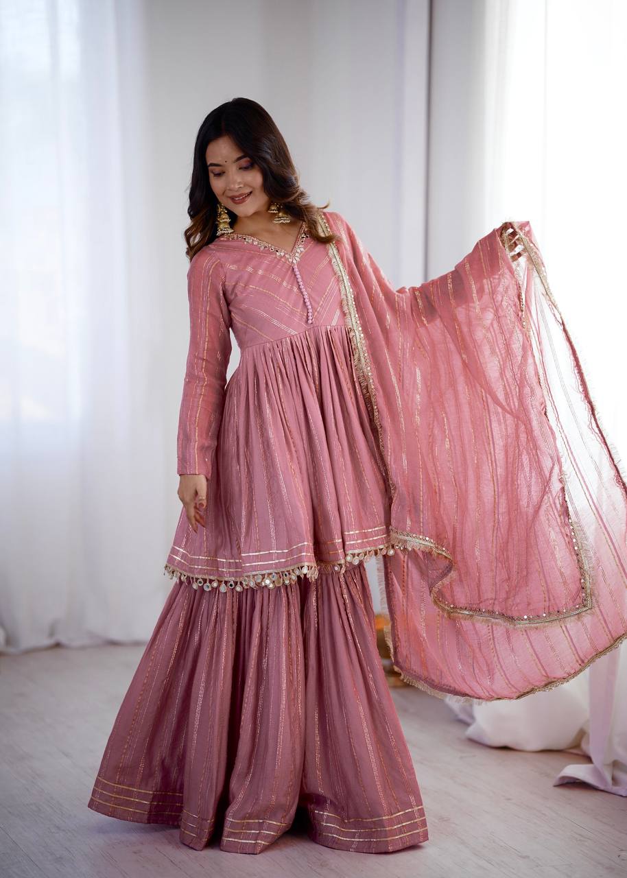 Dusty Rose Chanderi Silk Sharara Set with Real Mirror and Handwork by The Beauty Queen Surat