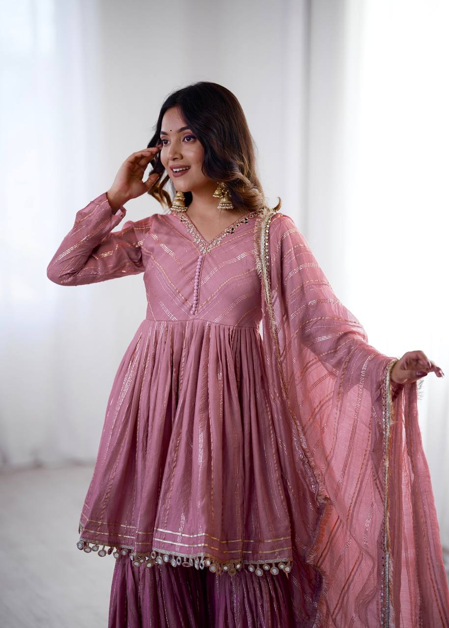 Dusty Rose Chanderi Silk Sharara Set with Real Mirror & Handwork Embroidery