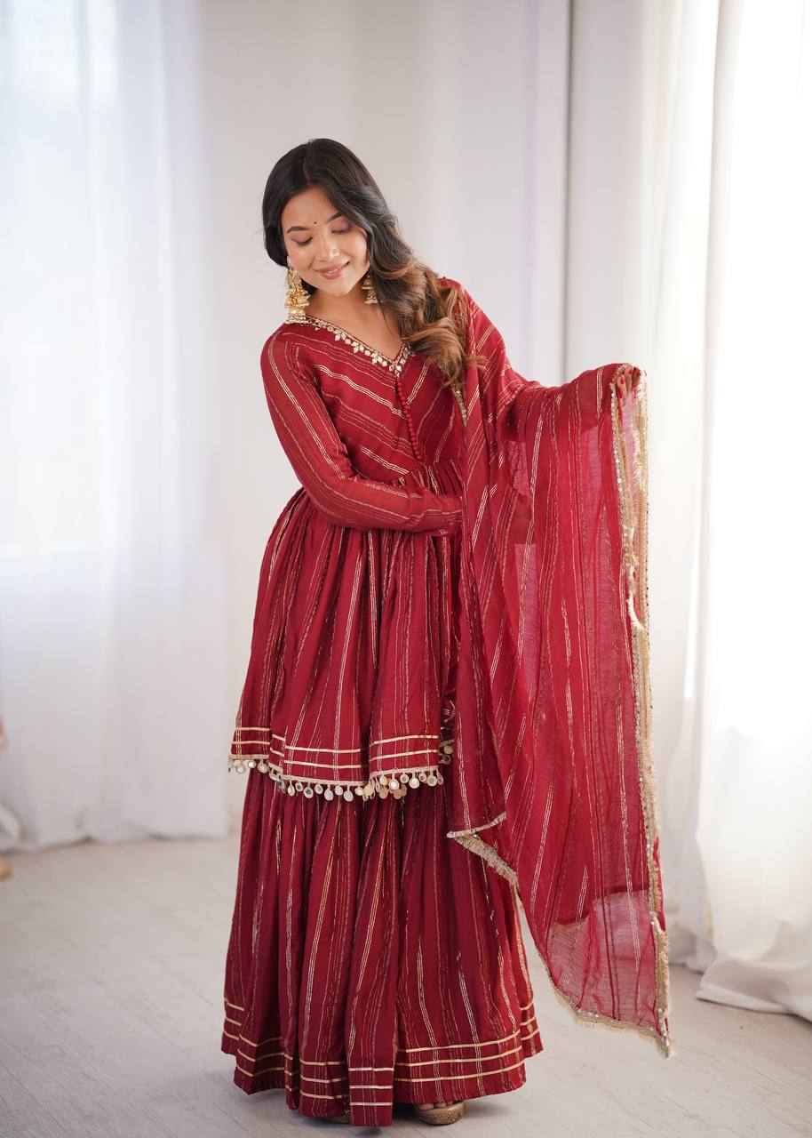 Maroon Chanderi Silk Sharara Set with Real Mirror Work and Handwork by The Beauty Queen Surat