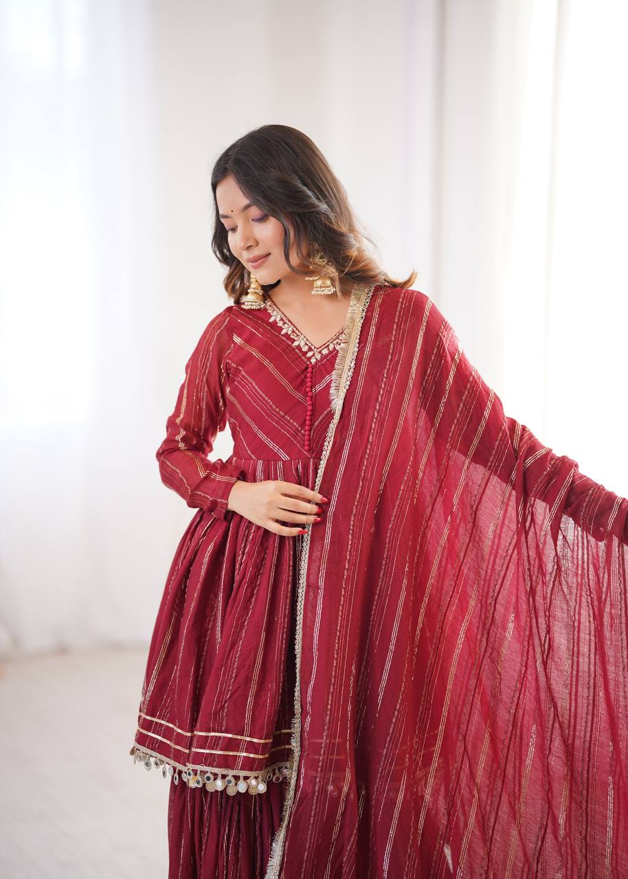 Maroon Chanderi Silk Sharara Set with Real Mirror & Handwork Embroidery