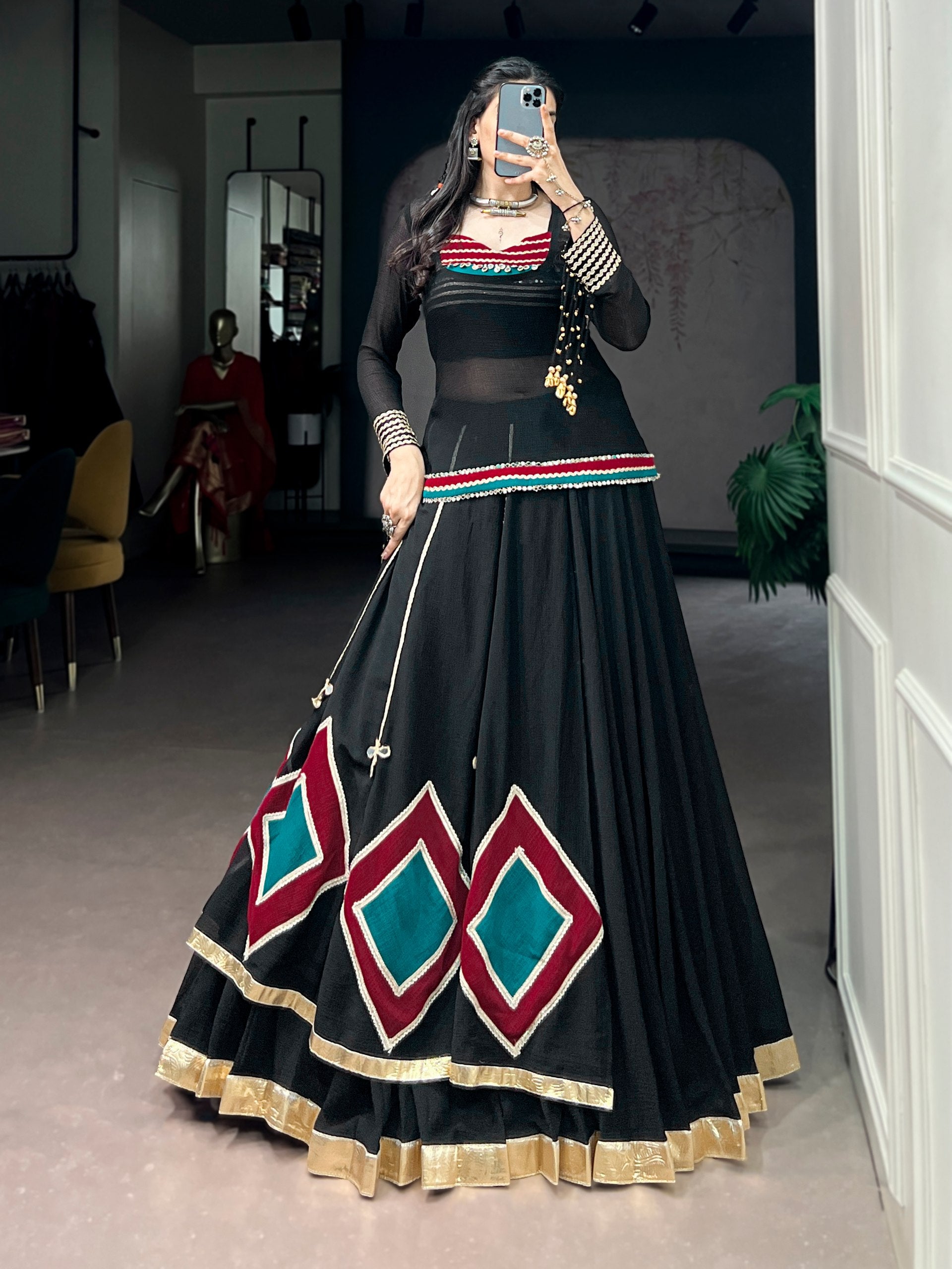 Black designer Navratri lehenga choli marble fabric with diamond patch
