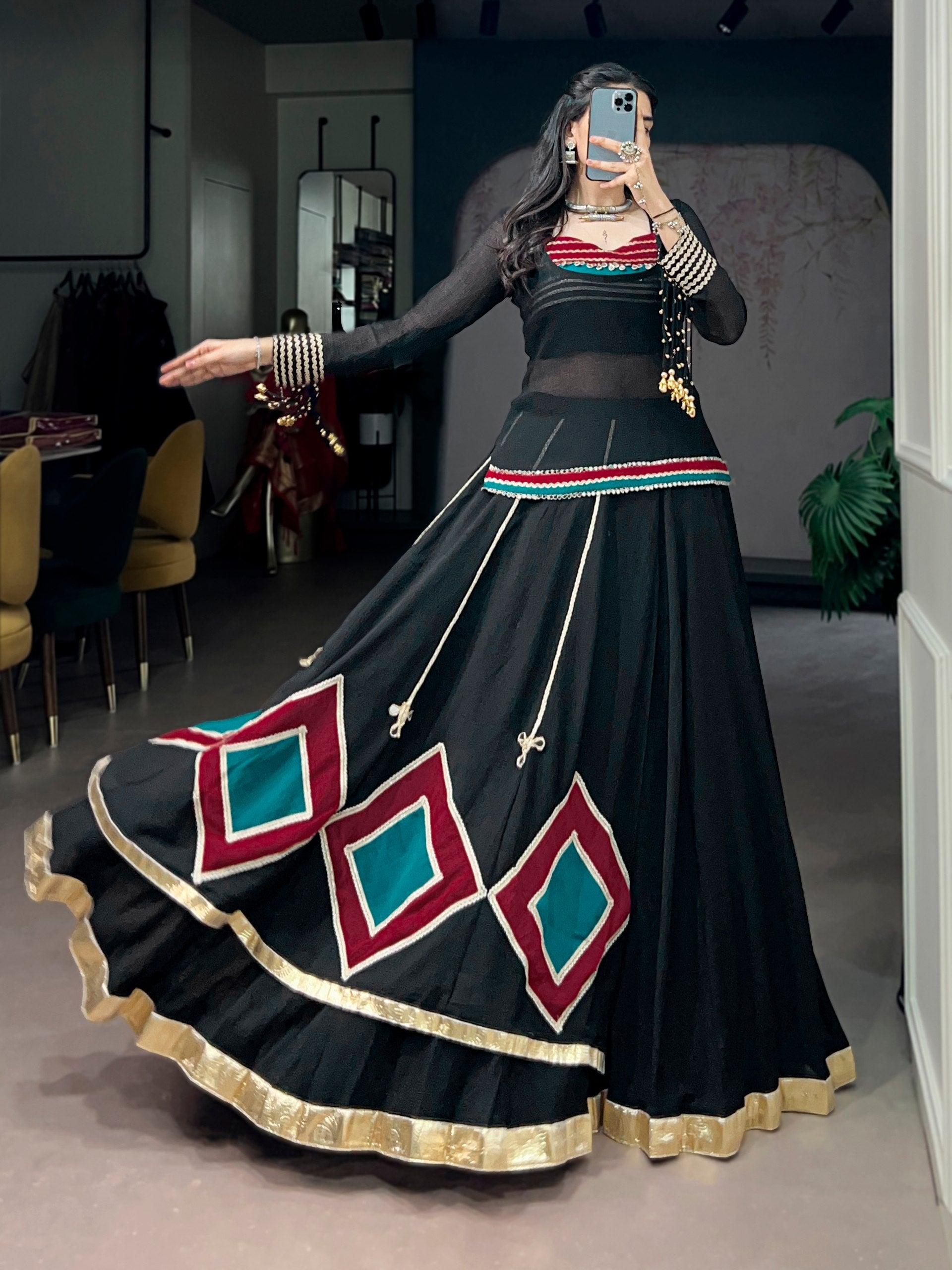 Indo-fusion garba dress black with diamond patch and cowrie embellishments
