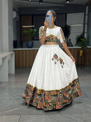 Traditional white chaniya choli green patch work and foil trim
