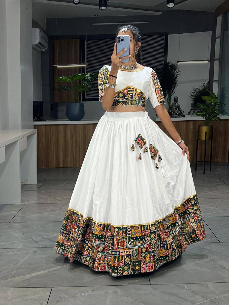 Traditional white chaniya choli green patch work and foil trim
