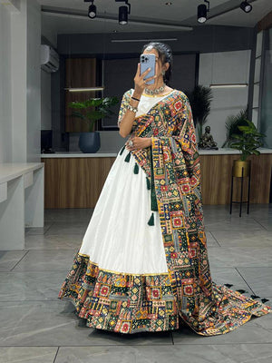 Pure rayon cotton garba dress with green Kutchi style border
