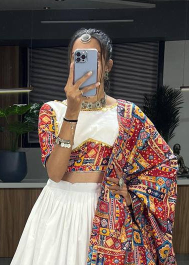 Garba lehenga white with multicolor Kutchi border and tassels
