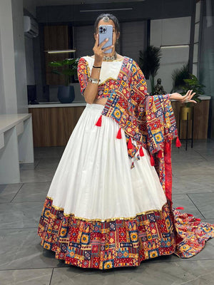 Designer Navratri lehenga white printed dupatta with tassels
