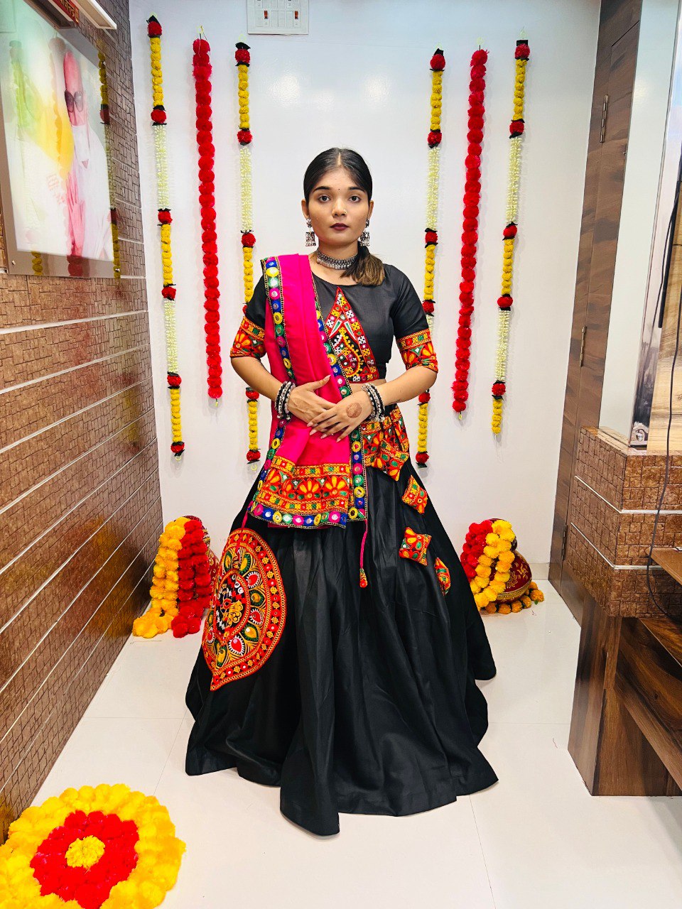 Black Cotton Silk Gamthi Work Butta Lace Work Navratri Lehenga Choli