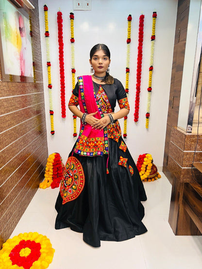 Black Cotton Silk Gamthi Work Butta Lace Work Navratri Lehenga Choli