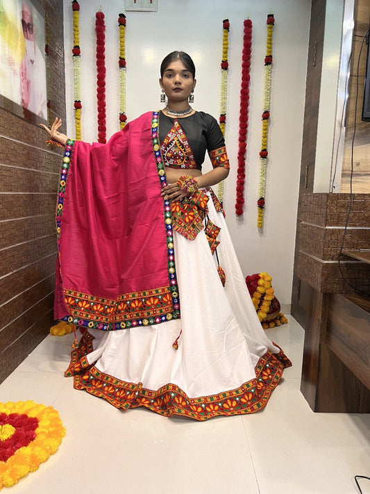 White Cotton Silk Gamthi Work Butta Lace Work Navratri Lehenga Choli