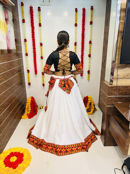 White Cotton Silk Gamthi Work Butta Lace Work Navratri Lehenga Choli