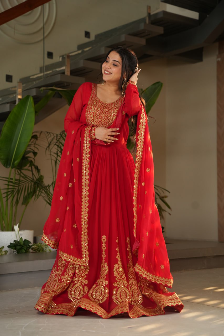 Pink Faux Blooming With Embroidery Zari Sequins Work Gown