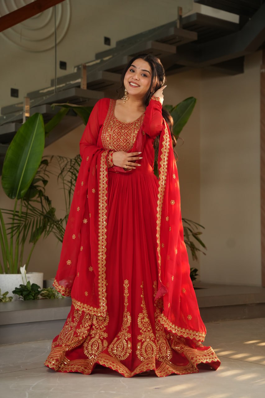Pink Faux Blooming With Embroidery Zari Sequins Work Gown