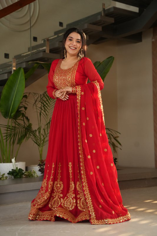 Pink Faux Blooming With Embroidery Zari Sequins Work Gown