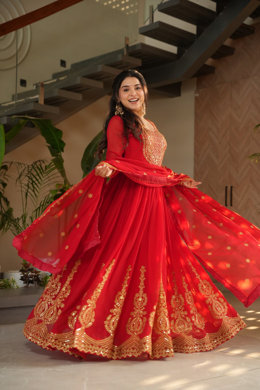 Pink Faux Blooming With Embroidery Zari Sequins Work Gown