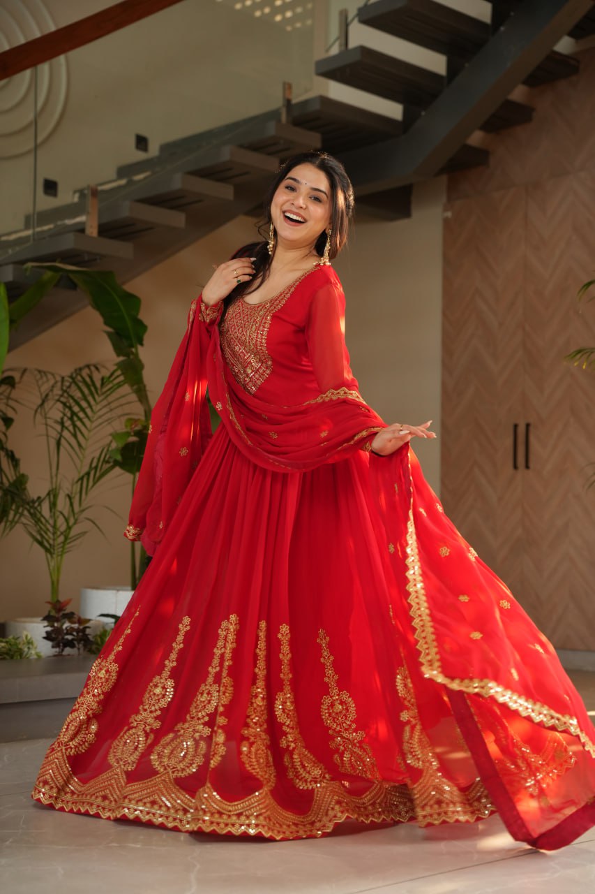 Pink Faux Blooming With Embroidery Zari Sequins Work Gown