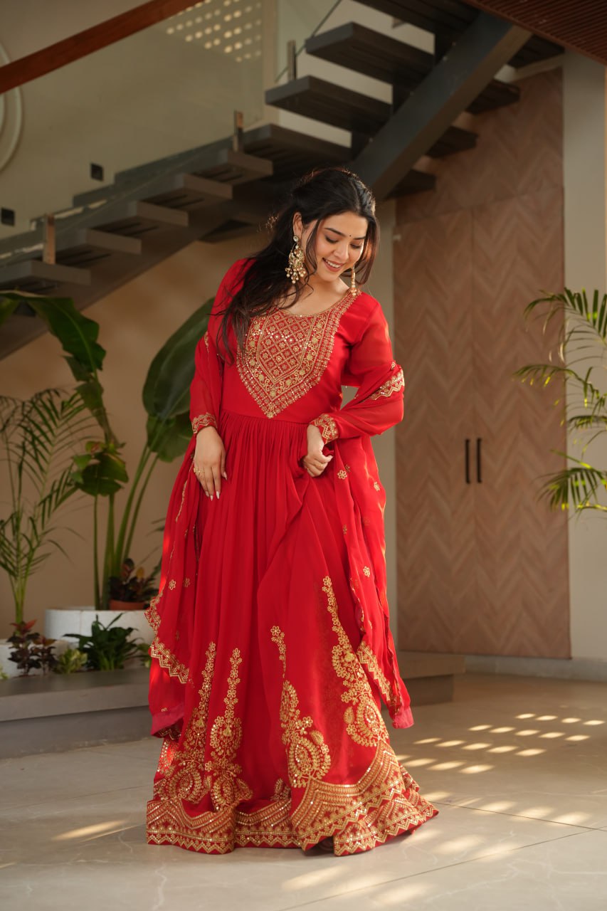 Pink Faux Blooming With Embroidery Zari Sequins Work Gown