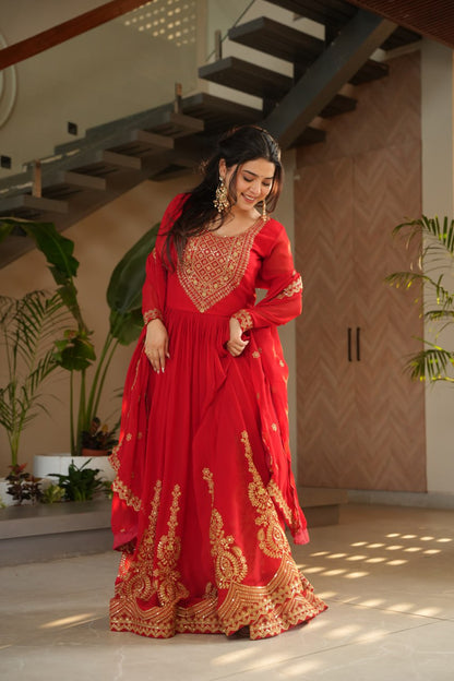 Pink Faux Blooming With Embroidery Zari Sequins Work Gown