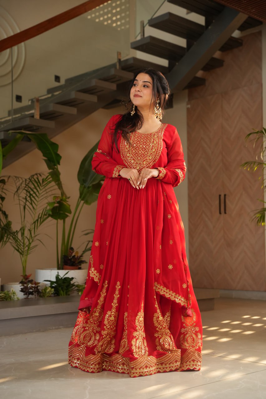 Pink Faux Blooming With Embroidery Zari Sequins Work Gown