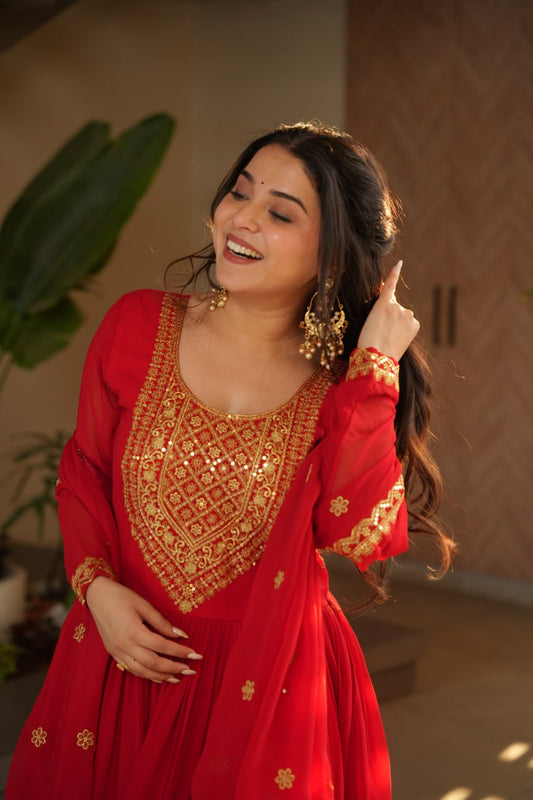 Pink Faux Blooming With Embroidery Zari Sequins Work Gown