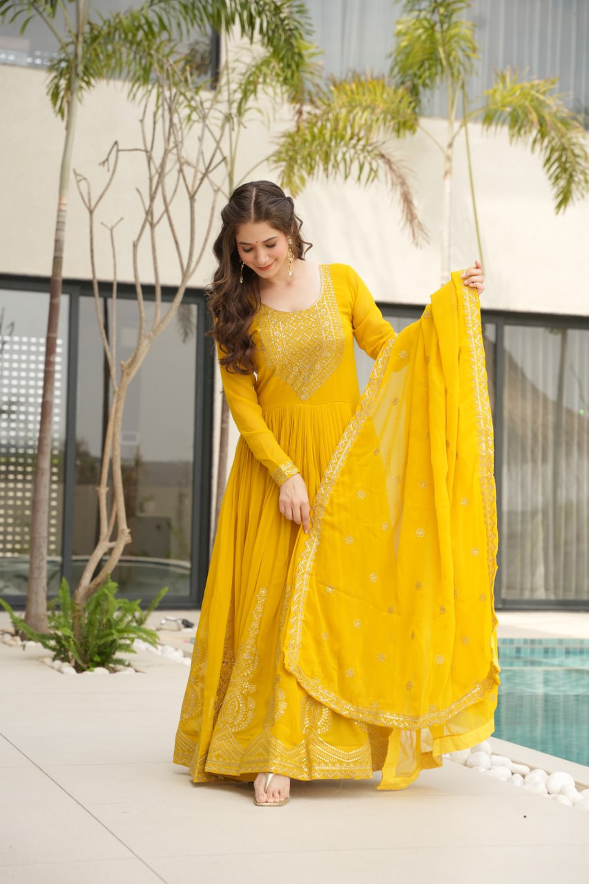 Yellow Faux Blooming With Embroidery Zari Sequins Work Gown