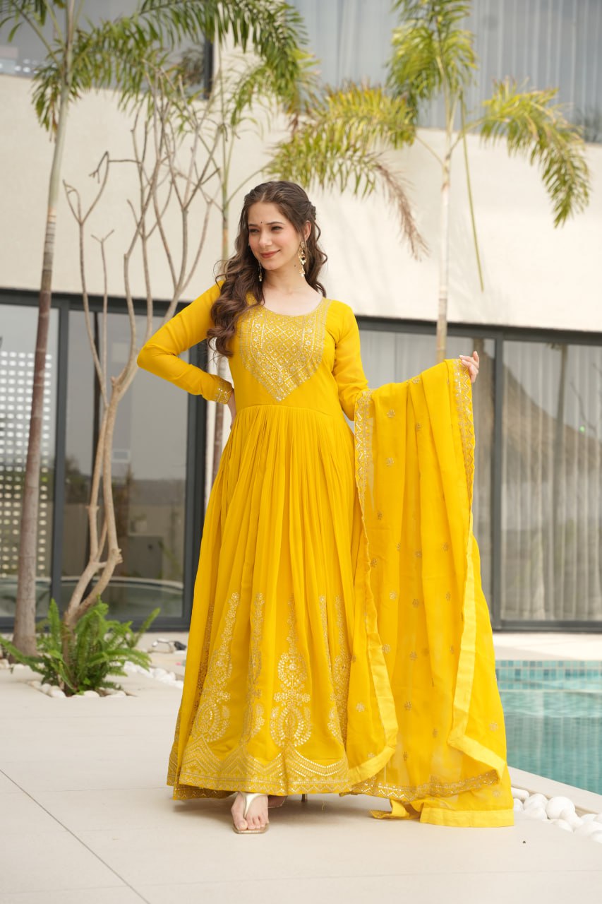 Yellow Faux Blooming With Embroidery Zari Sequins Work Gown
