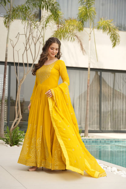 Yellow Faux Blooming With Embroidery Zari Sequins Work Gown