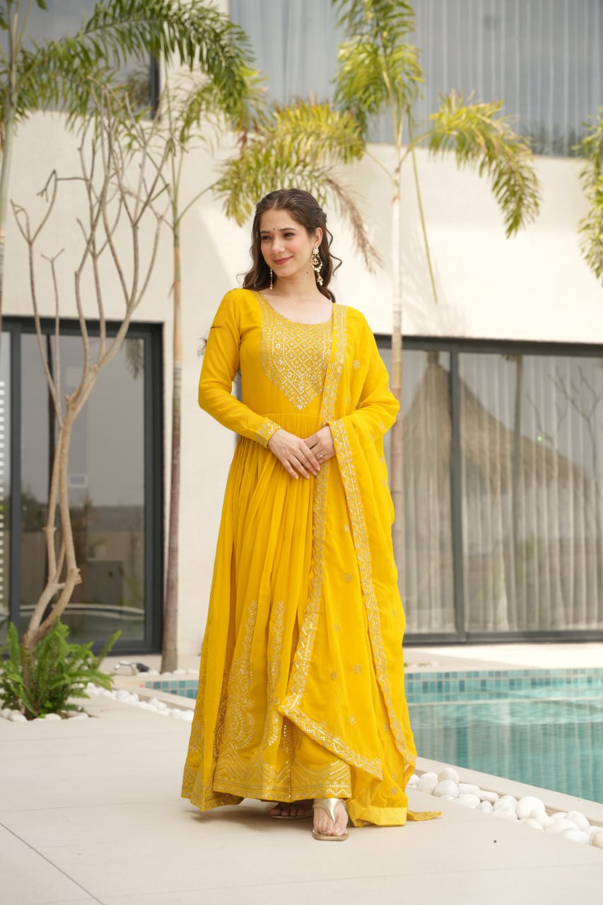 Yellow Faux Blooming With Embroidery Zari Sequins Work Gown