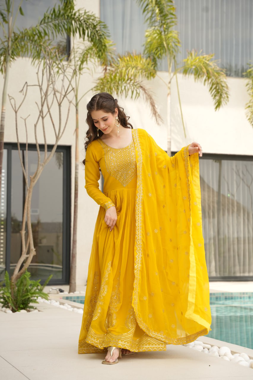 Yellow Faux Blooming With Embroidery Zari Sequins Work Gown