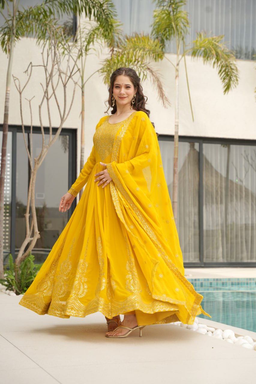 Yellow Faux Blooming With Embroidery Zari Sequins Work Gown