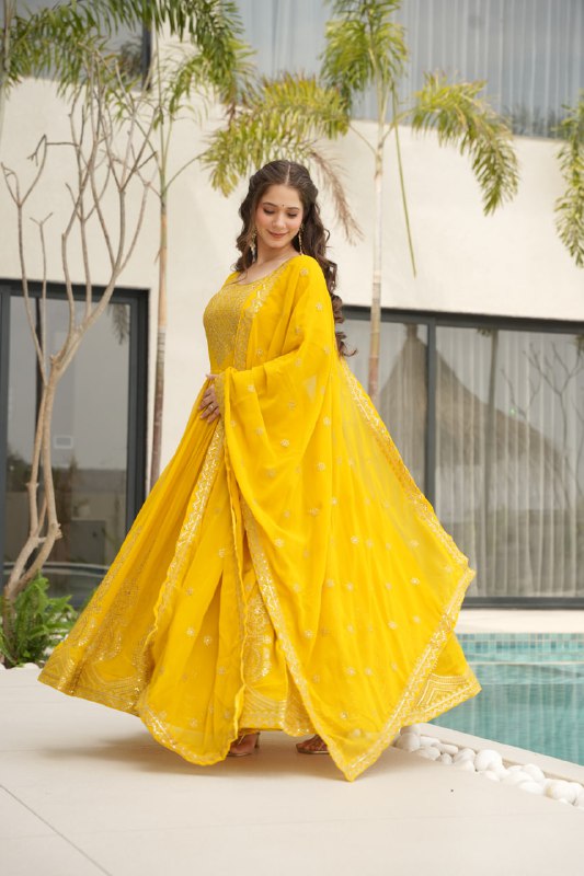 Yellow Faux Blooming With Embroidery Zari Sequins Work Gown