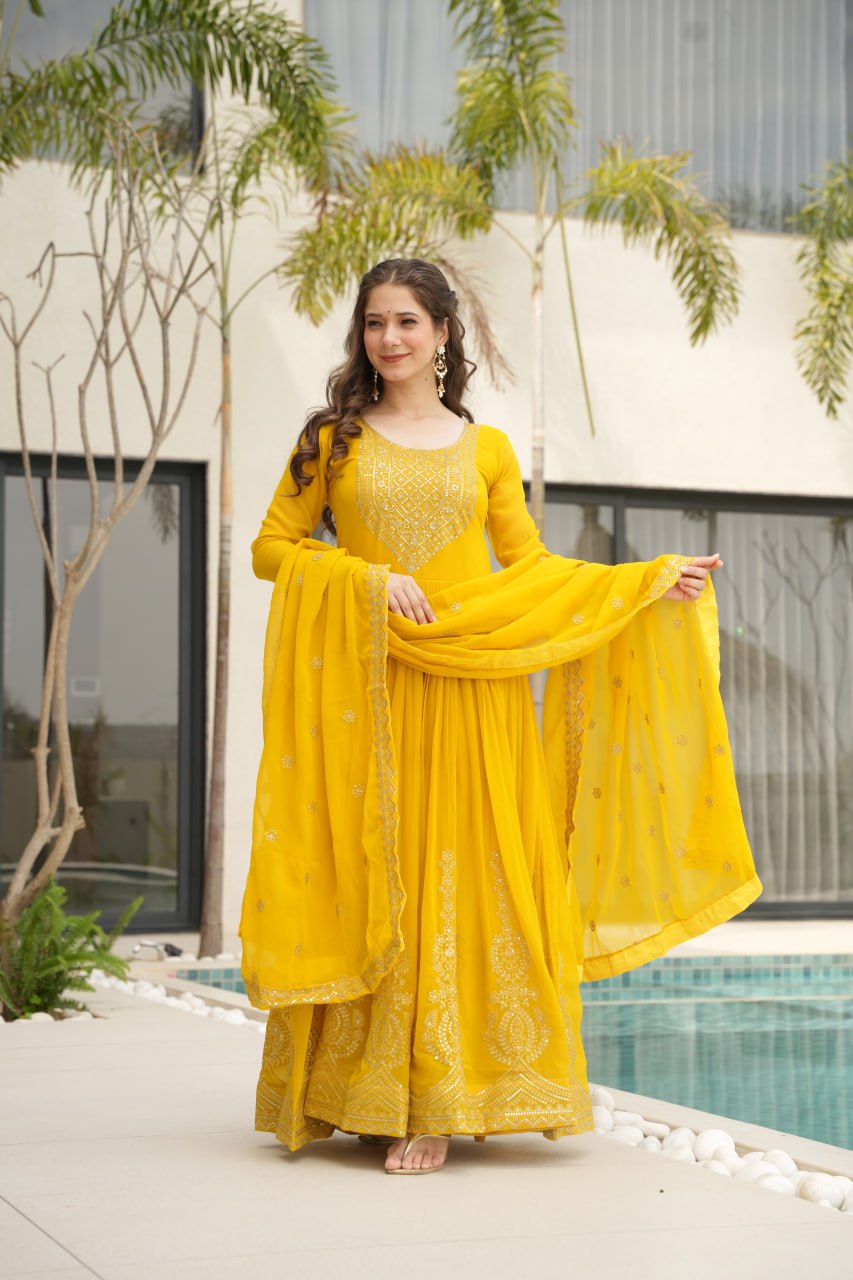 Yellow Faux Blooming With Embroidery Zari Sequins Work Gown