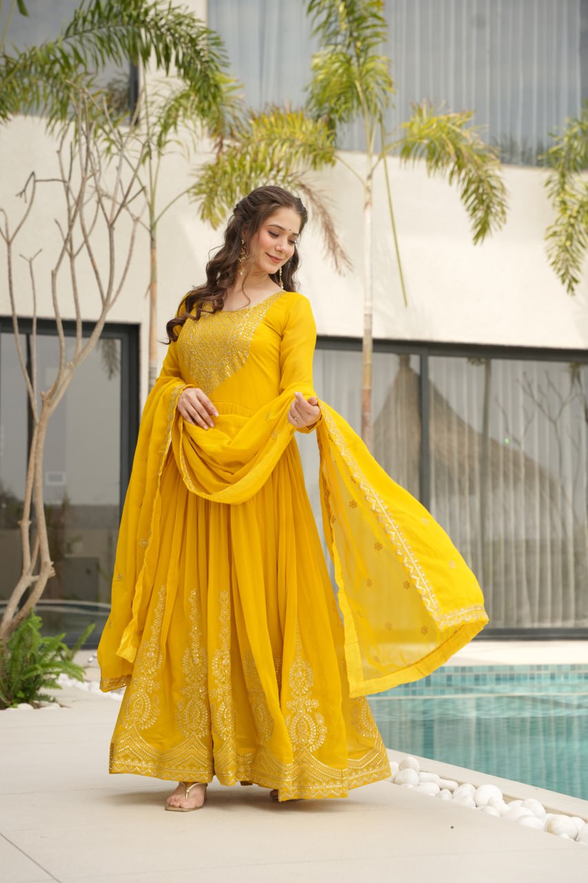 Yellow Faux Blooming With Embroidery Zari Sequins Work Gown