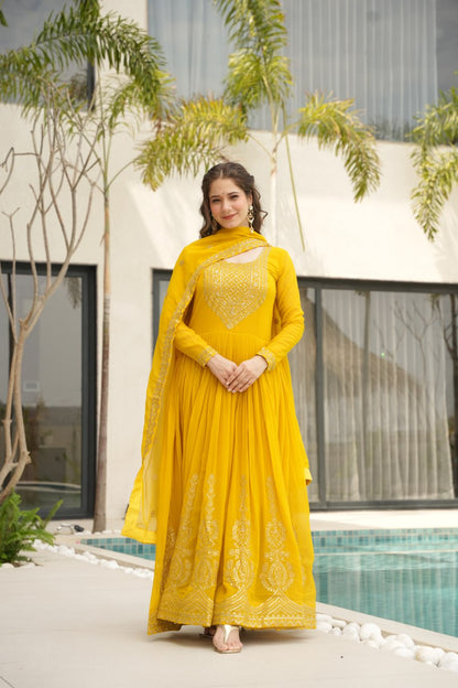 Yellow Faux Blooming With Embroidery Zari Sequins Work Gown