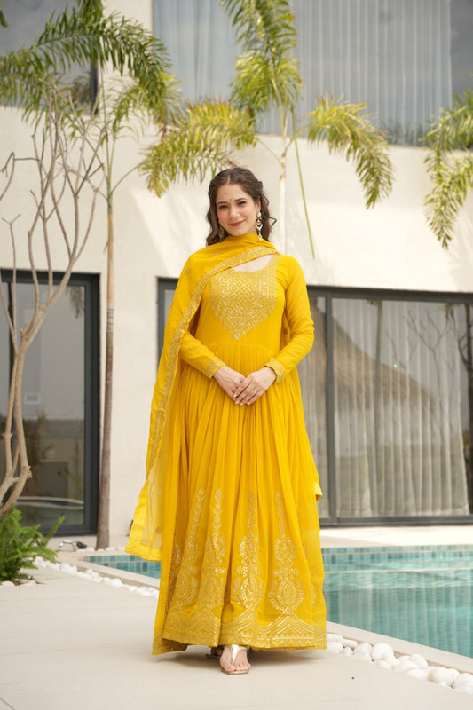 Yellow Faux Blooming With Embroidery Zari Sequins Work Gown