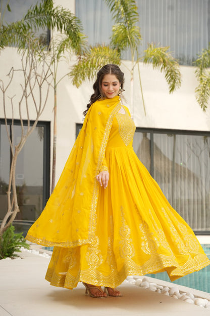 Yellow Faux Blooming With Embroidery Zari Sequins Work Gown