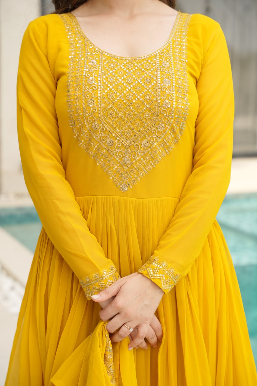 Yellow Faux Blooming With Embroidery Zari Sequins Work Gown