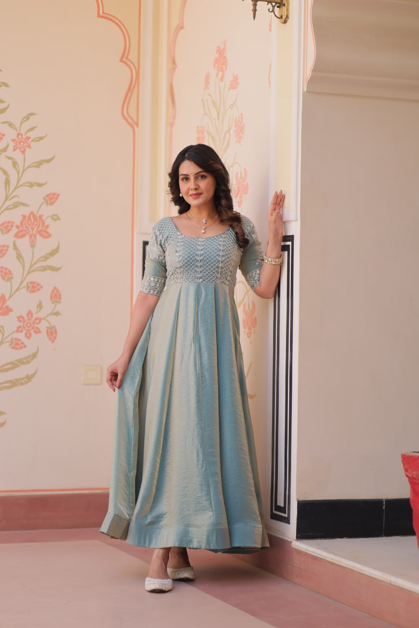 Light Blue Color Fendy With Beads Embroidered Work Gown