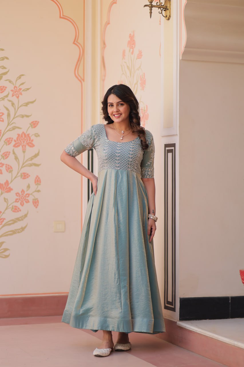 Light Blue Color Fendy With Beads Embroidered Work Gown