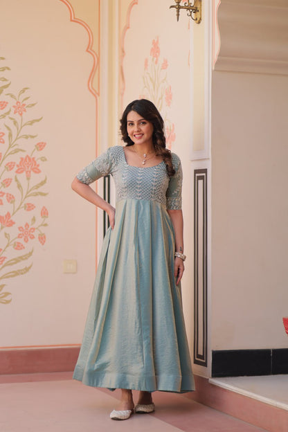 Light Blue Color Fendy With Beads Embroidered Work Gown