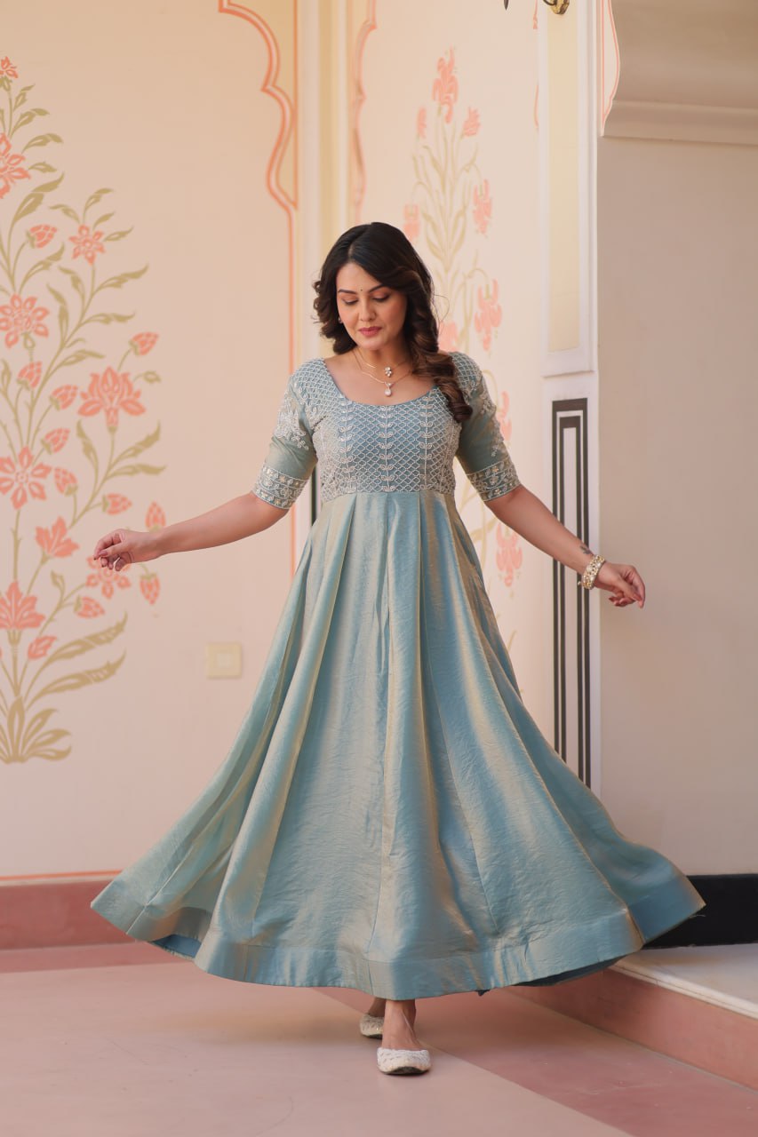 Light Blue Color Fendy With Beads Embroidered Work Gown