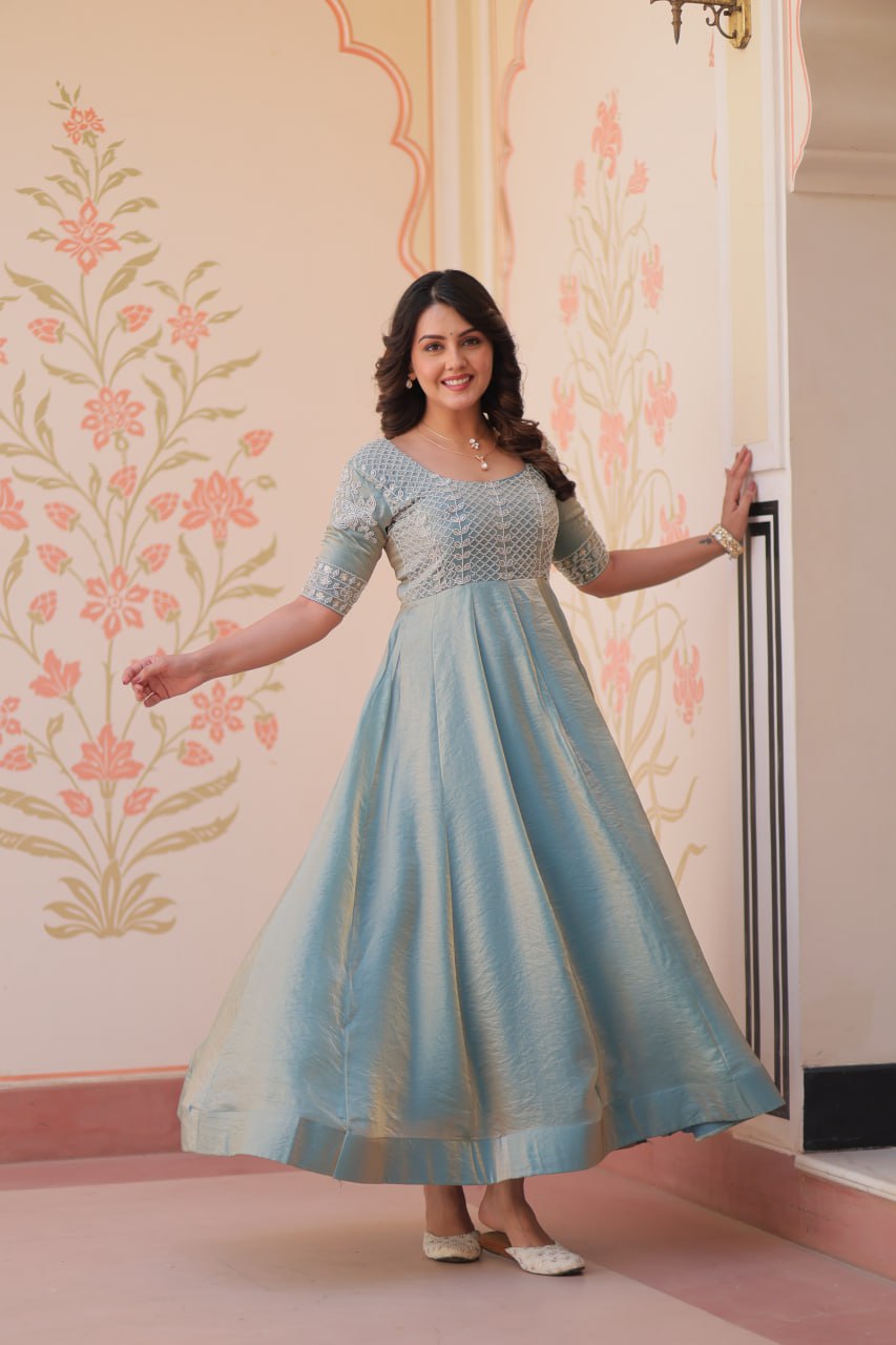 Light Blue Color Fendy With Beads Embroidered Work Gown