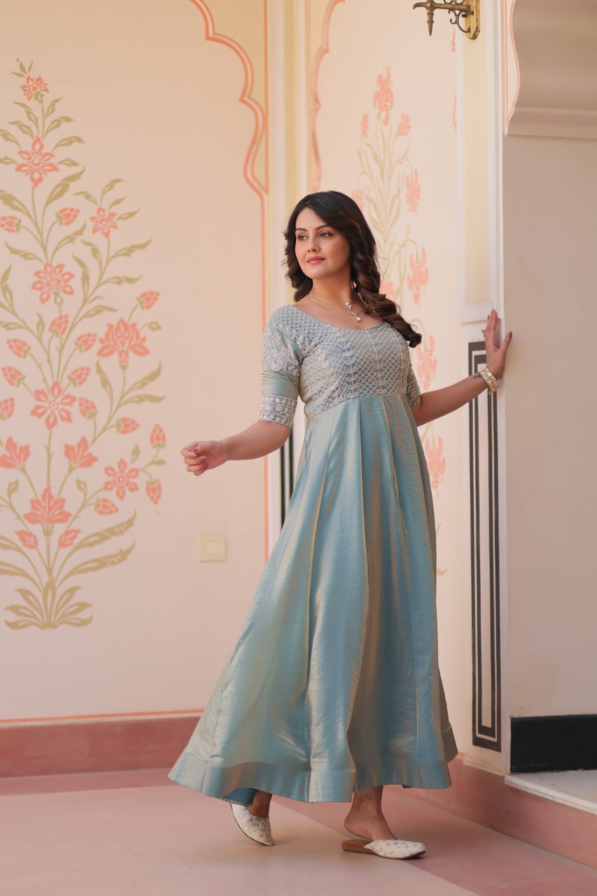 Light Blue Color Fendy With Beads Embroidered Work Gown