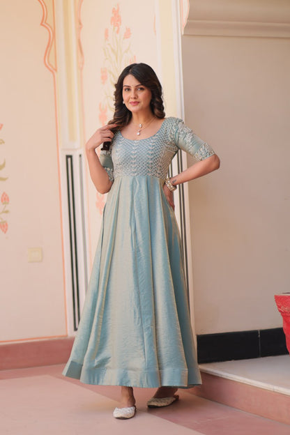 Light Blue Color Fendy With Beads Embroidered Work Gown