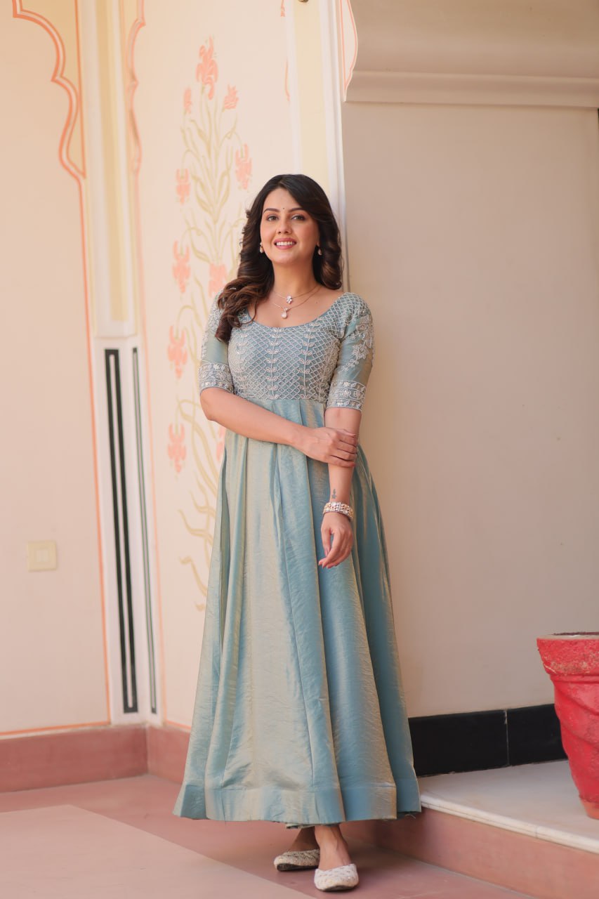 Light Blue Color Fendy With Beads Embroidered Work Gown