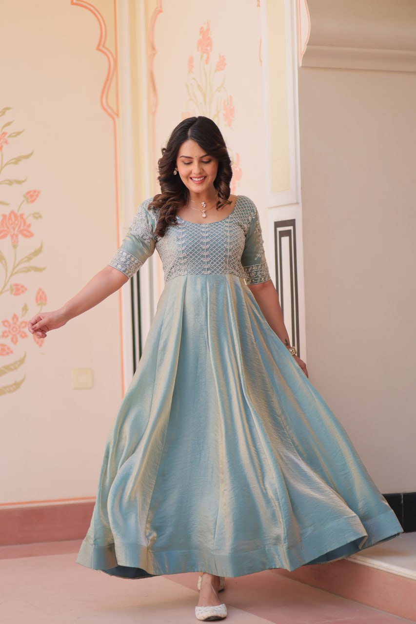 Light Blue Color Fendy With Beads Embroidered Work Gown