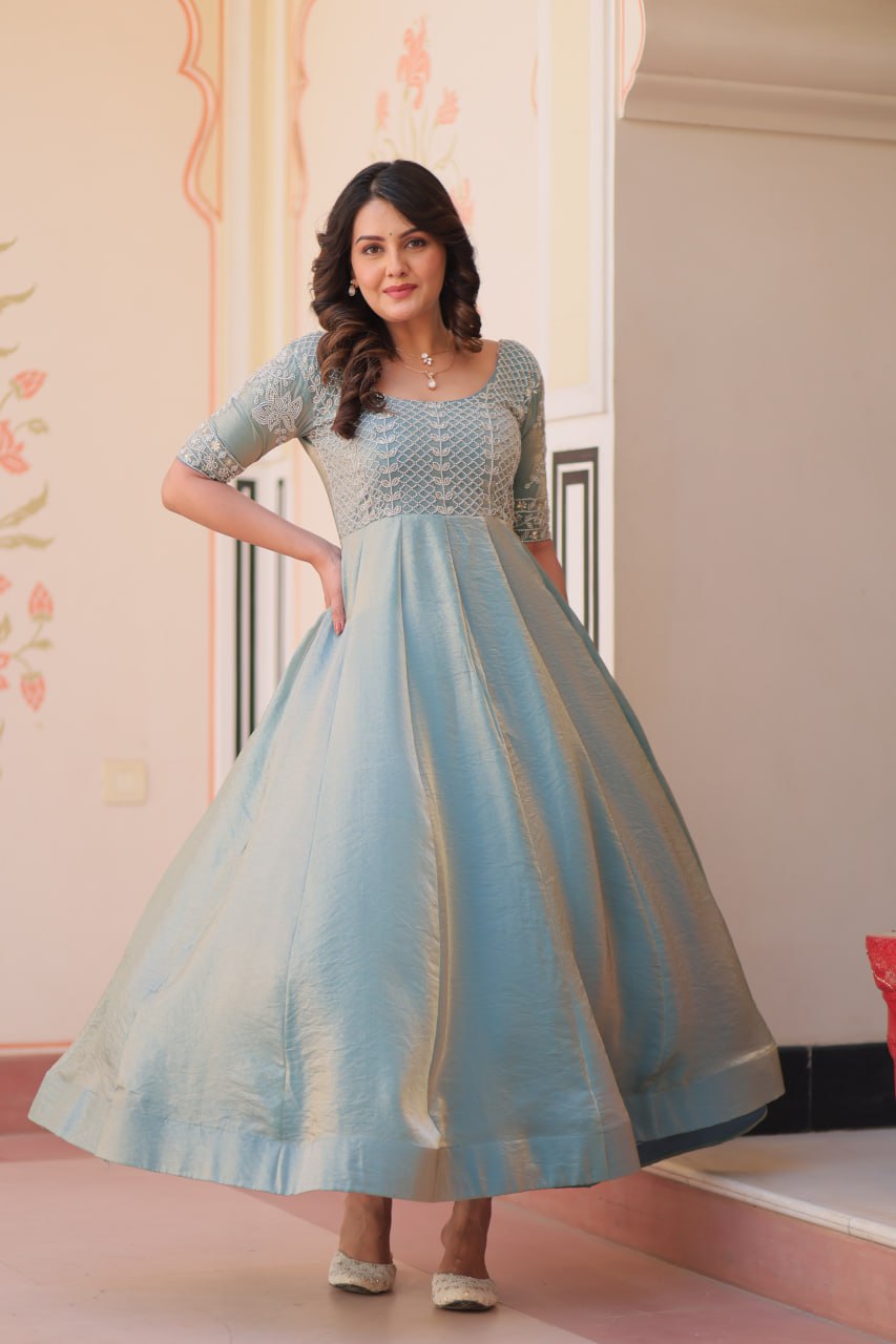 Light Blue Color Fendy With Beads Embroidered Work Gown