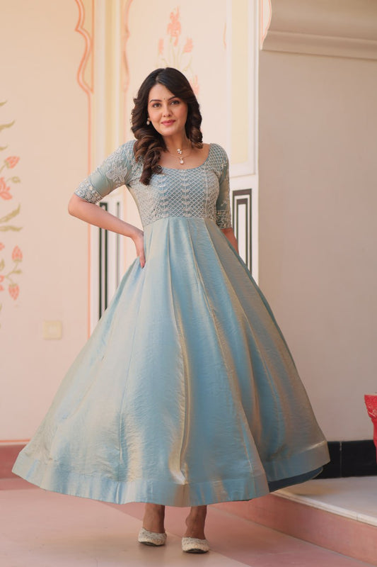 Light Blue Color Fendy With Beads Embroidered Work Gown