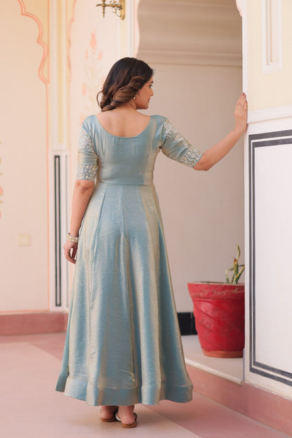 Light Blue Color Fendy With Beads Embroidered Work Gown